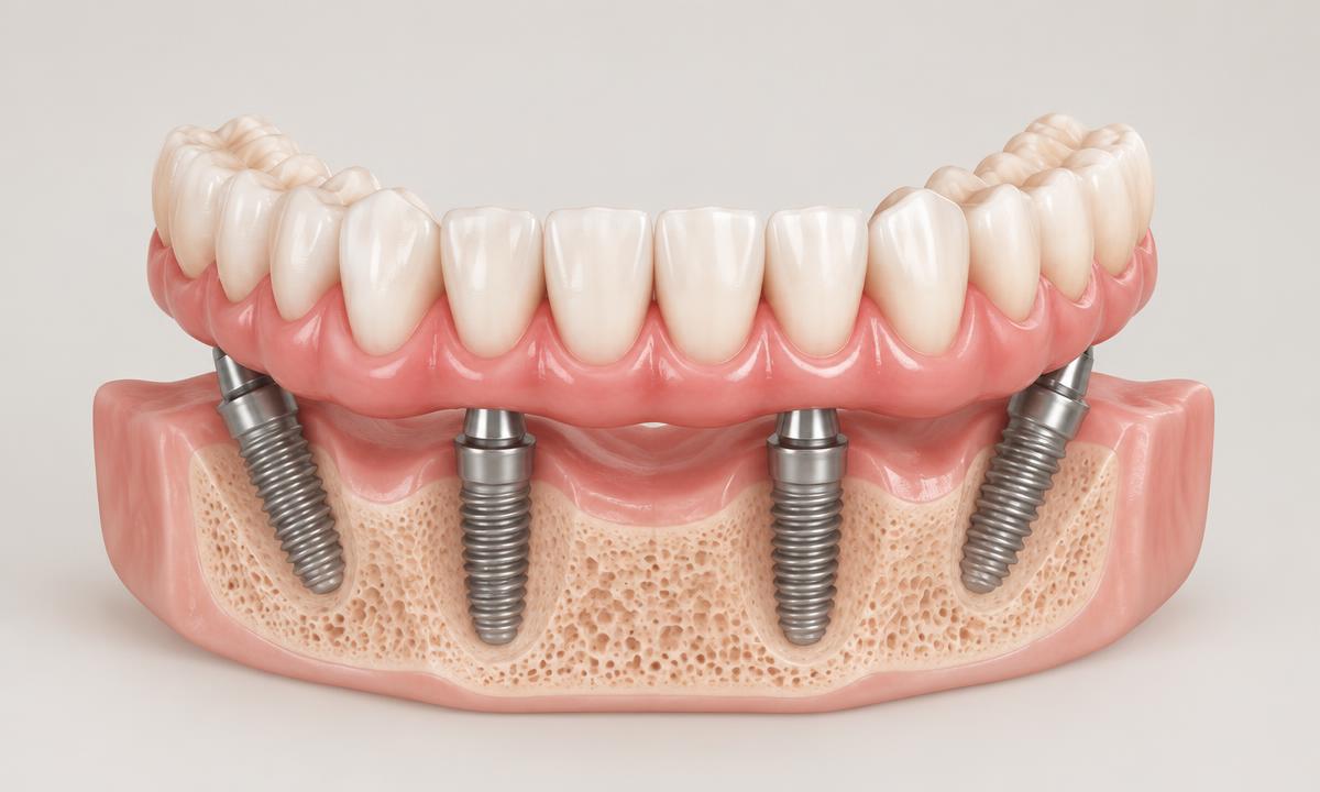 All-On-4 full arch prosthesis supported by four titanium dental implants