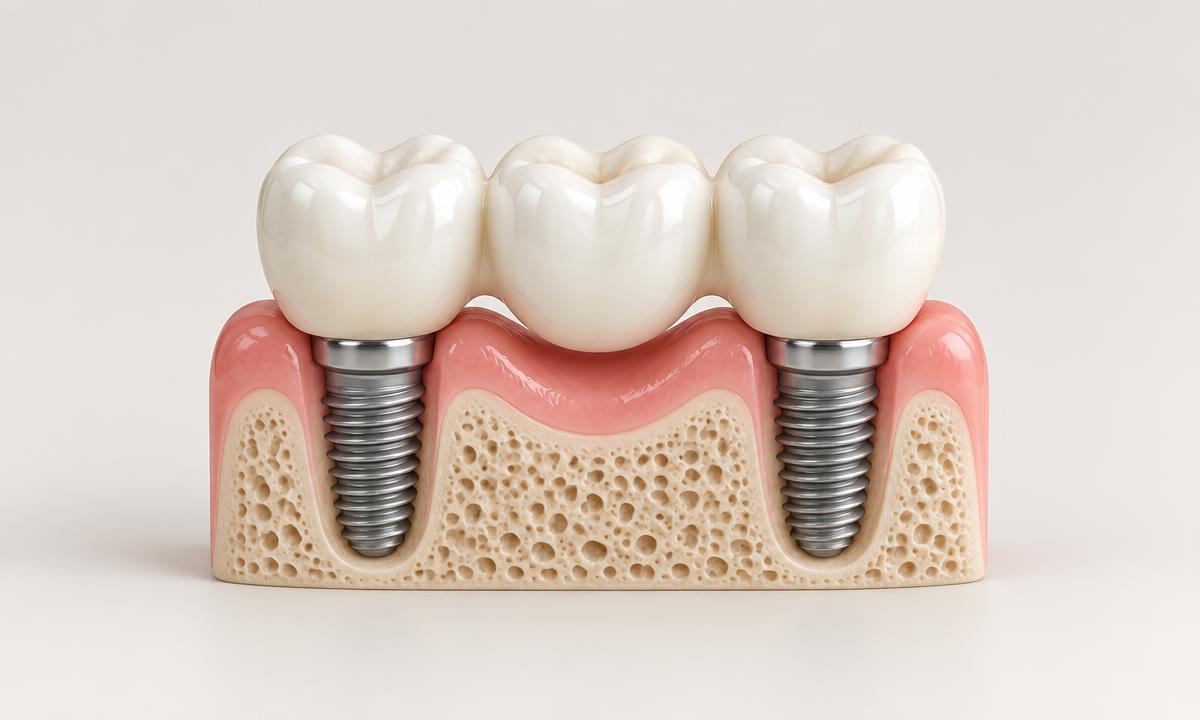 Three-tooth dental bridge supported by two titanium implants