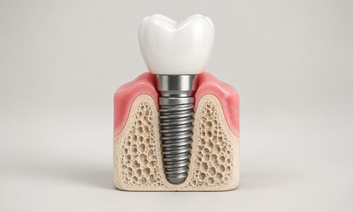 Single porcelain tooth supported by a titanium dental implant in the jawbone
